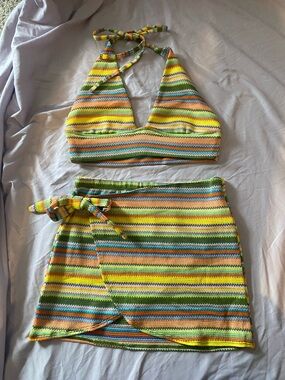 Striped Crochet Two-Piece Beach Set - Yellow, Green, Blue, Orange